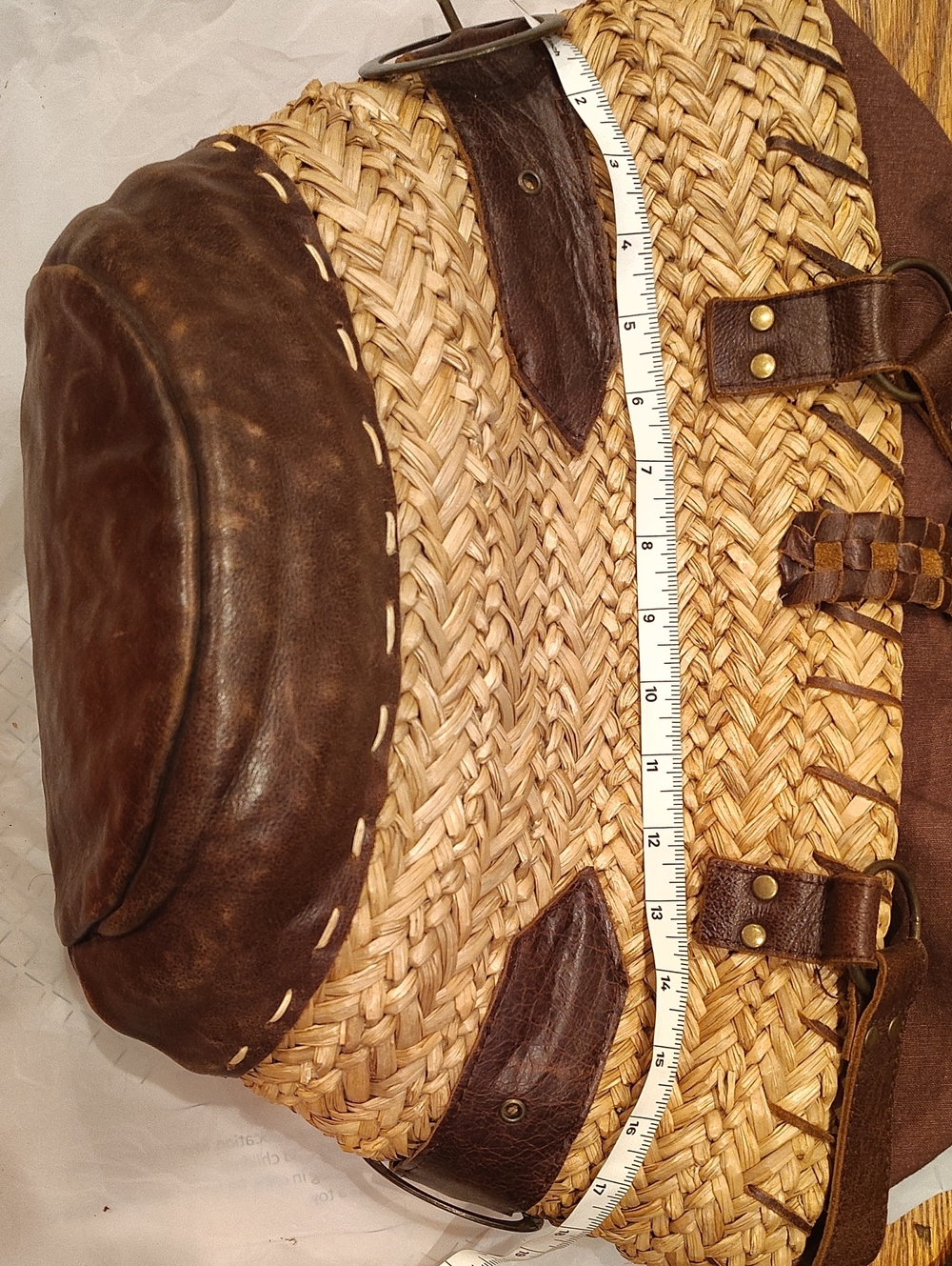 Bella Luna Boho Straw Basket Handbag Brown Leather Accent Vintage - Picture 10 of 16